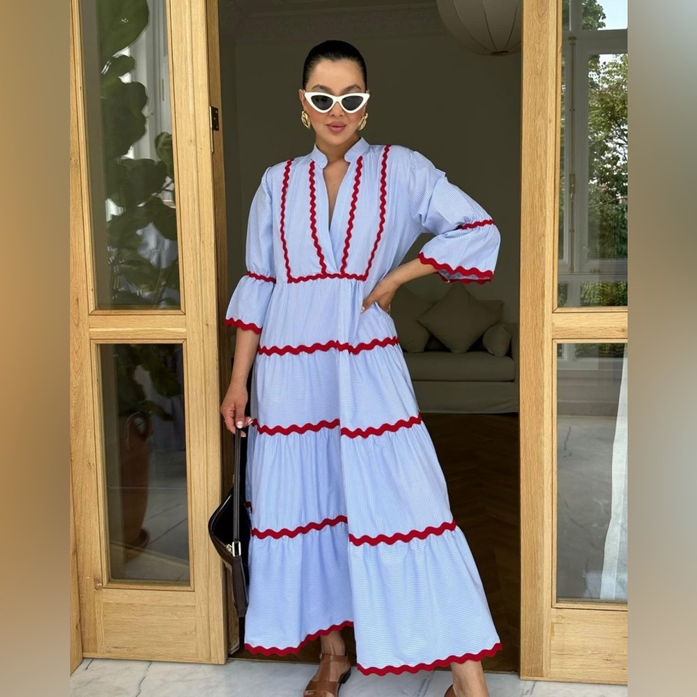 utcoco Summer Beach Boho Striped Flutter 3/4 Sleeve A Line Flowy Long Dress.